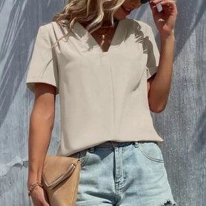 Shein Plicated Detail V Neck Blouse Beige, Small US 4, T-Shirt, Short Sleeve